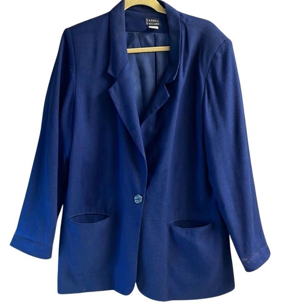 Andrea Viccaro Size 14 100% Silk Navy Blazer Career Classic Office Chic Jacket